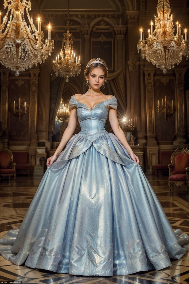 cinderella, full body:1.1,crystalline_style, A girl in a modern, elegant ball gown, styled with a sleek updo and minimalist jewelry. She should have a confident, regal expression. The background is a luxurious modern palace, with clean lines, high ceilings, and extravagant chandeliers. The photo should be shot in high definition, with a sharp focus on the subject and a soft, blurred background for a captivating portrait,masterpiece,crystalline style