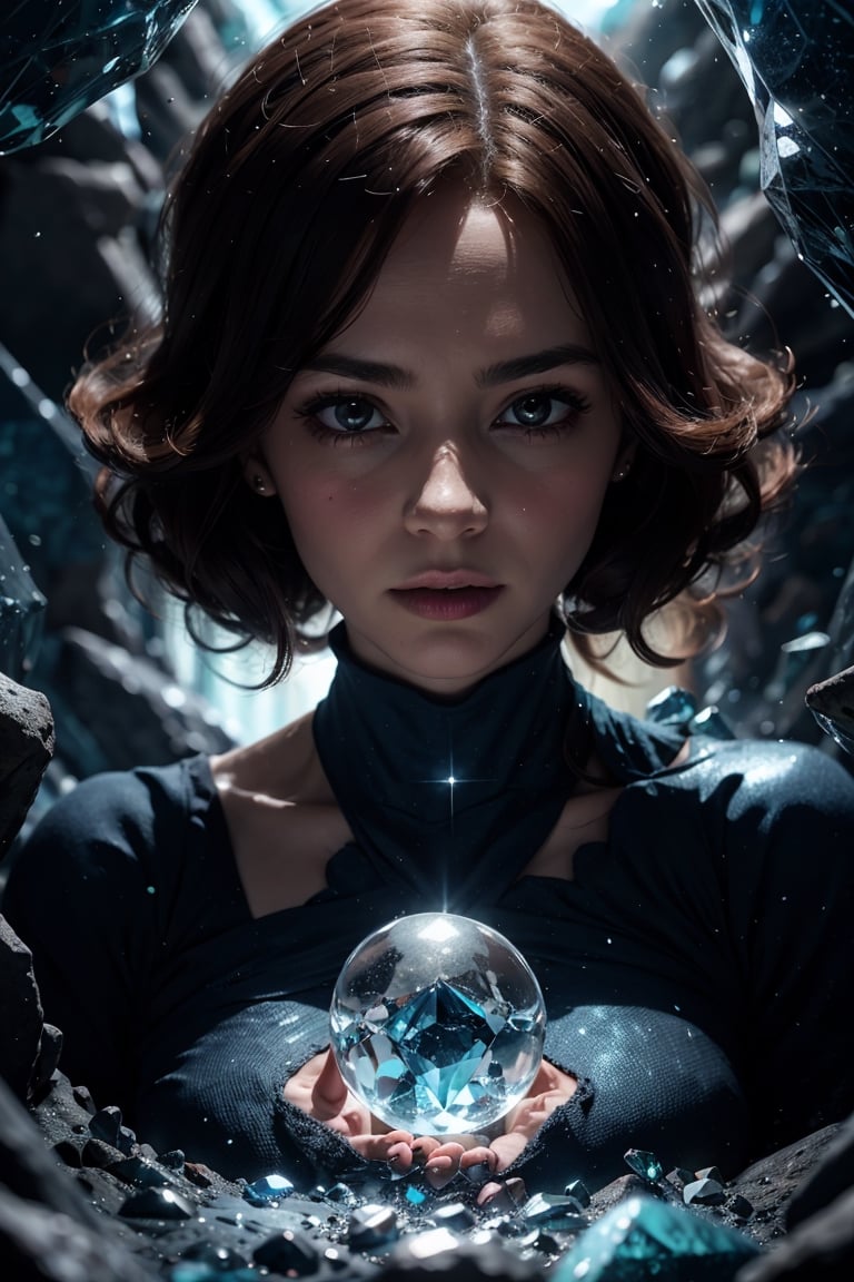 (absurdres, highres, ultra detailed), 1woman, mature female, aged up, wavy long hair, auburn hair, coral eyes, bangs, long sleeves, finely detailed eyes and detailed face, extremely detailed CG unity 8k wallpaper, intricate details, (style-swirlmagic:1.0),  looking at viewer, solo, upper body, detailed background, close up,  detailed face, (gothic dark ages theme:1.1), crystal sorcerer,  dynamic pose, earth themed clothes, crystal crown,  floating in the air, glowing magical shards, surrounded by blue magical crystals,  rock formations, stalactites,  magical floating particles, crystal glass,  crystal sphere, crystal canyon background, (shallow water:0.7),  epic ethereal atmosphere,   updraft,, portrait,bg_imgs