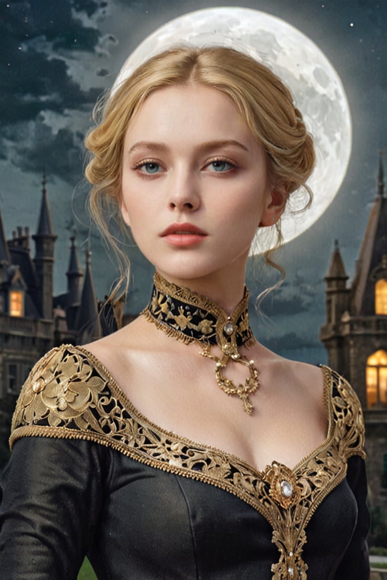 Elegantism, opulent scene, full portrait of a Victorian lady, heroic, black clothes, gold trim, full moon, castle, head and shoulders portrait, 8k resolution. (masterpiece, top quality, best quality, official art, beautiful and aesthetic:1.2), (1girl:1.4), upper body, blonde hair, portrait, extreme detailed, in the style of esao andrews