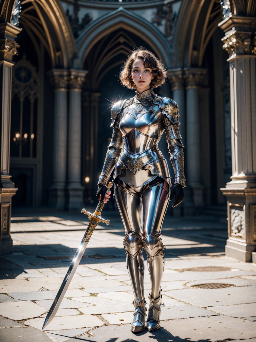 realistic, ((1 young and beautiful girl:1.2)), absurdres, (8k, best quality, masterpiece:1.2), professional photograph, dramatic light, (finely detailed face:1.2), female knight wearing a full suit of filigree silver armor, holding a shield (family crest, intricate design) in one hand, holding sword of gold in other hand, full body shot, castle interior background,crystalline_style