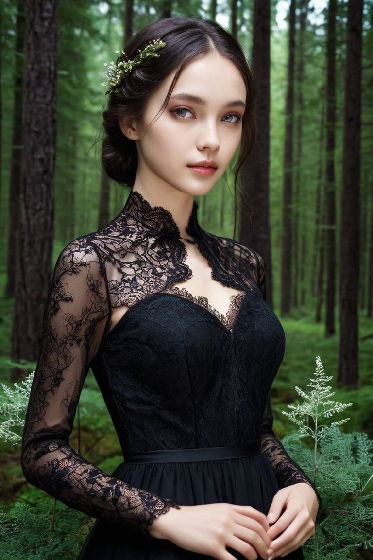 1girl, solo, detailed skin texture,pure skin, full_body,  detail, forest, long black dress,  lace
