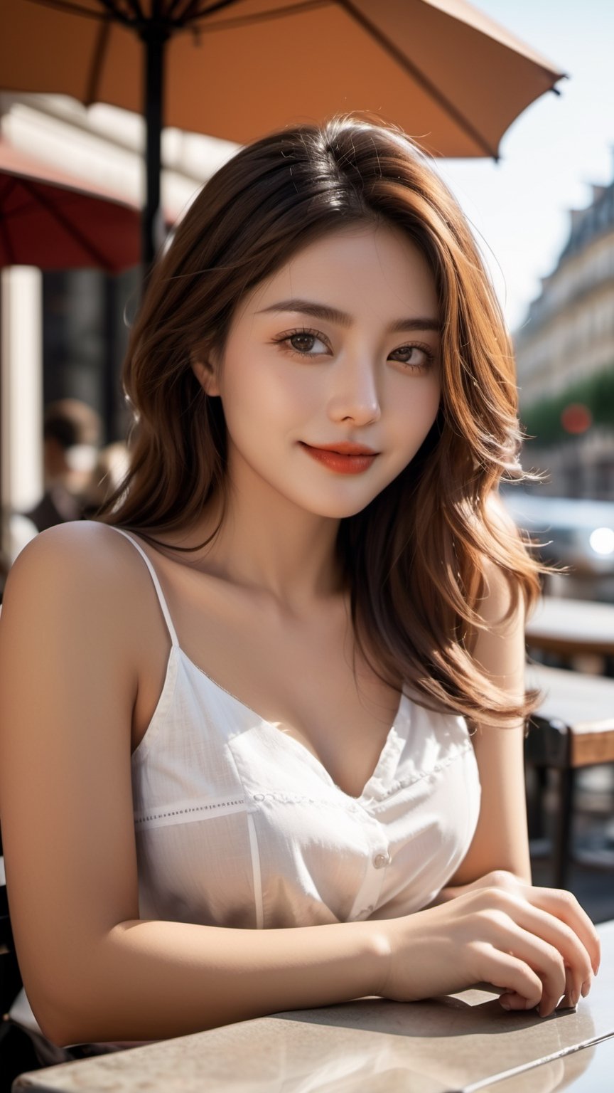masterpiece,Best Quality,photorealistic,ultra-detailed,finely detail,high resolution,8K wallpaper,1 beautiful woman,large-sized breasts,sitting at an outside table of a cafe in paris,light-brown medium-length hair,in sleeveless white blouse,sharp-focus,perfect dynamic composition,beautiful detailed eyes,detailed hair,detailed realistic skin texture,smiling,strong sunlight,professional photography,a fashion magazine cover work