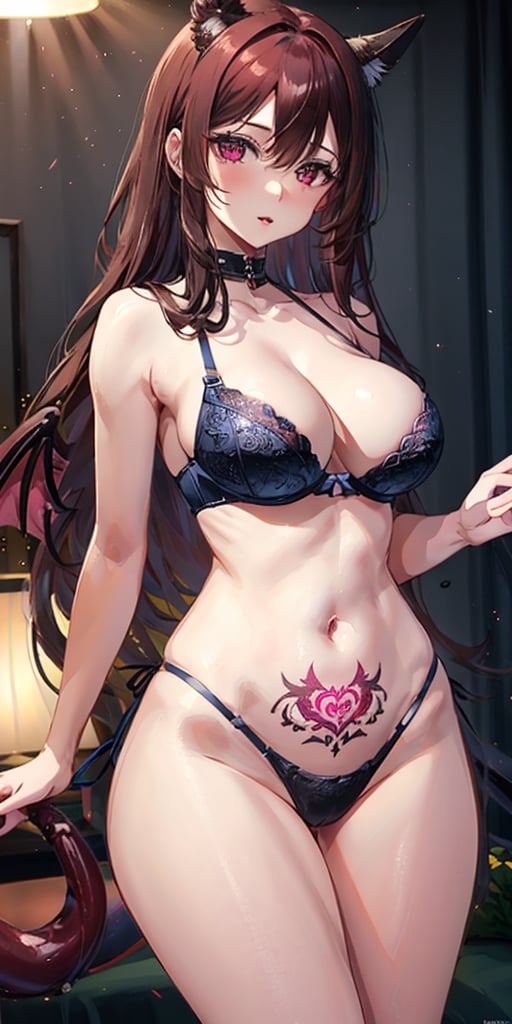 womb_tattoo, masterpiece, best quality, ultra-detailed, 8K),(picture-perfect face,), (1lady), big_boobs:1, curvy, sexy, close-up, kawaii, Brilliant light, cinematic lighting, cute and charming, sexy body, shiny skin, 1girl, ghibli animation,red eyes ,very long hair, ((dark wavy red hair)), 1girl, seductive, correct_anatomy,  stripping, deep cleavage, ((dark pink and blak bra)), ((dark pink and black thong)), parted_lips, big_lips:2, perfect butt, big_butt:1.2, night, neon light, bedroom, (perfect female body),slim waist,thicc hips,hourglass body shape, tail, devil tail, devil wings