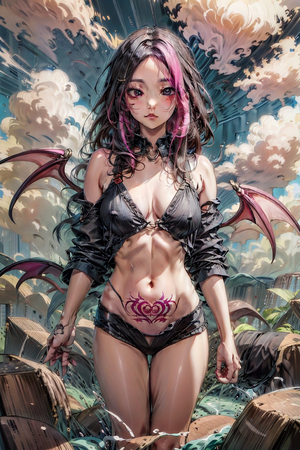 masterpiece, best quality, Succubus queen, adult woman, (portrait:0.8),phlg,  black hair,  pink highlight,  no bra,womb_tattoo,no_bra,  floating_hair,  floating, sky