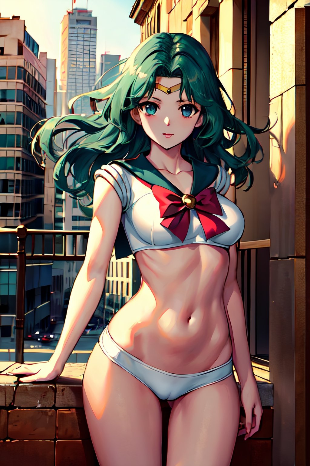 masterpiece, best quality,  cityscape, highres, michiru, sailor senshi uniform, green hair, red blood,  ,broken_clothes, 