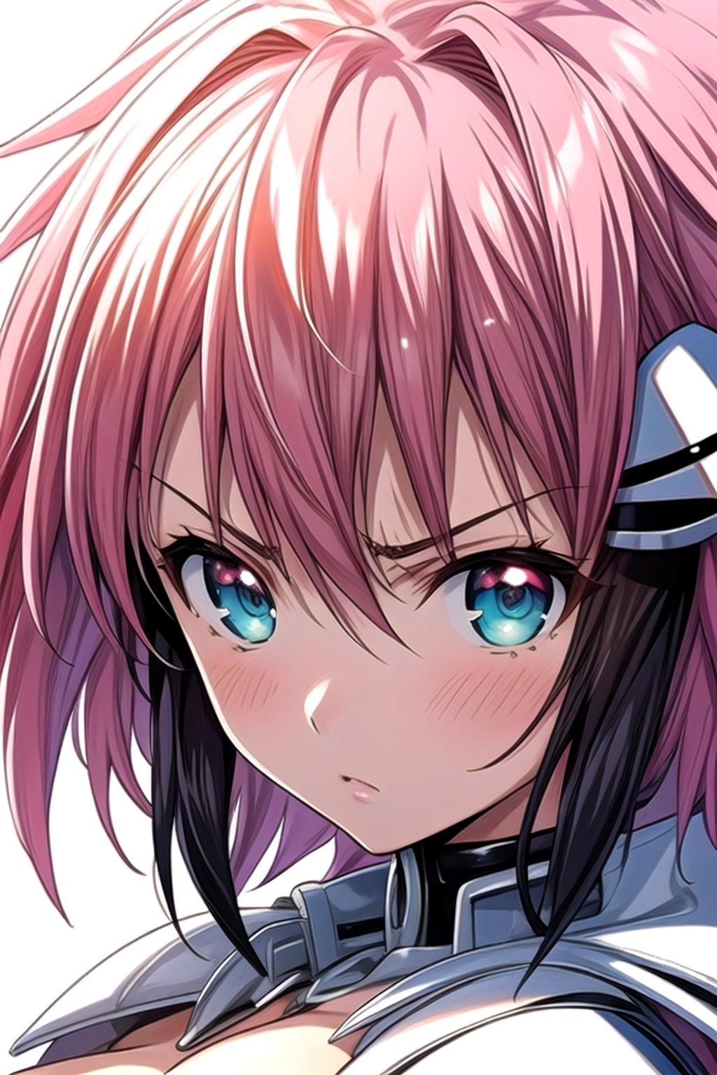 a ikaros,  magenta_hair,  is killing, detailed eyes, pair croissant on her head , angry,  looks pitiful,ikaros