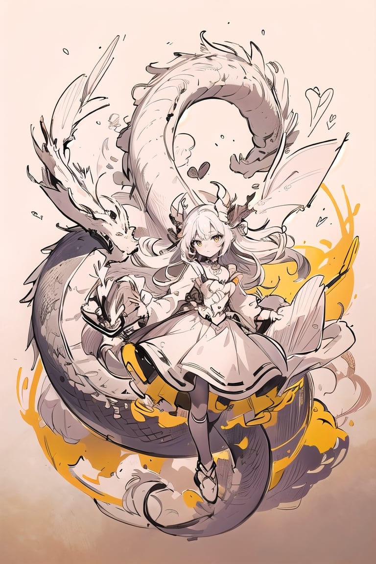 dragon venus,  dragon:1.2 ,1girls, solo, long hair, closed mouth, heart:1.4, <3, floating hair, floating, metal,  mechanical body,mechanical,  dragon,complex background,dragon-themed,  yellow theme,  holding stick,masterpiece,best quality,sketch,drawing,monochrome