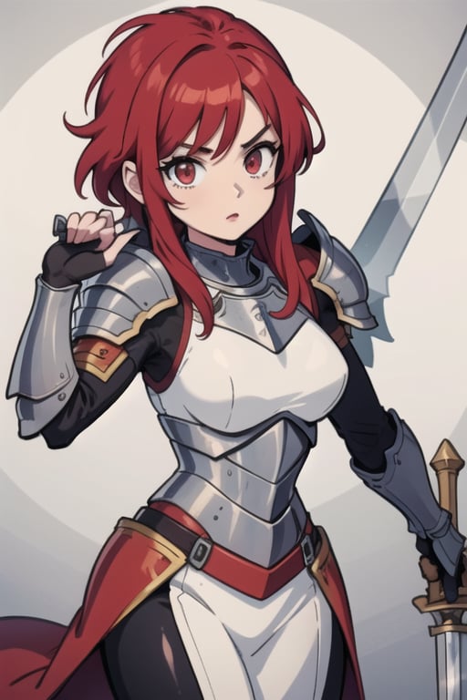 cute female knight with red hair and red eyes, wearing light armor and wielding a greatsword,,armor