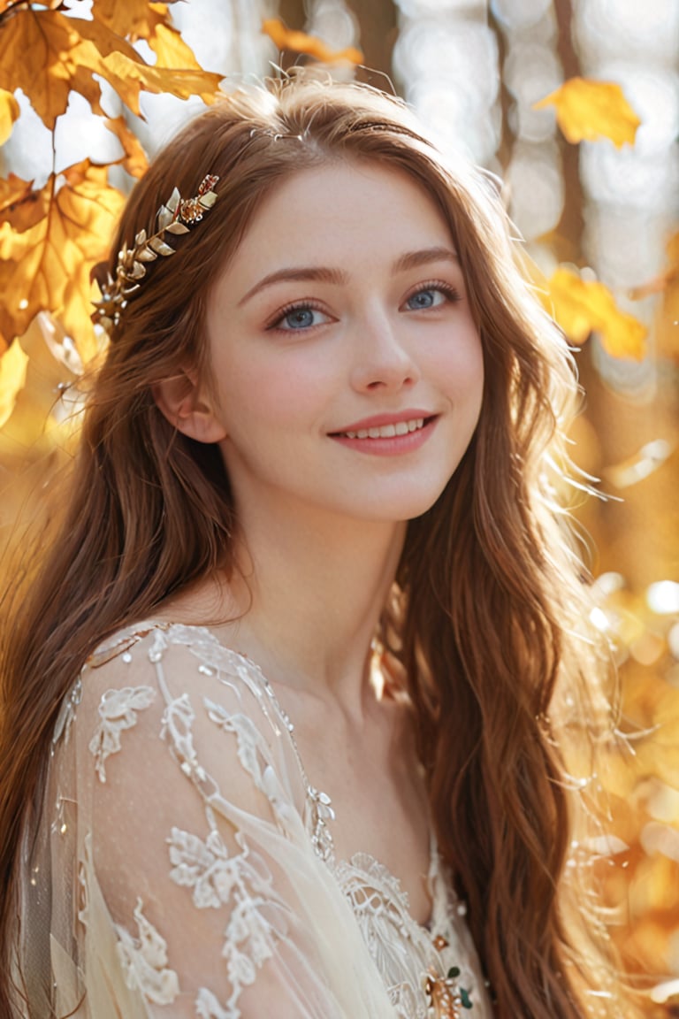 Beautiful soft light, (beautiful and delicate eyes), very detailed, pale skin, (long hair), dreamy, ((front shot)), soft expression, bright smile, art photography, fantasy, jewelry, shyness, soft image, masterpiece , ultra-high resolution, color, very delicate and soft lighting, details, Ultra HD, 8k, highest quality, silhouette of a woman in the fallen leaves, dual screen,