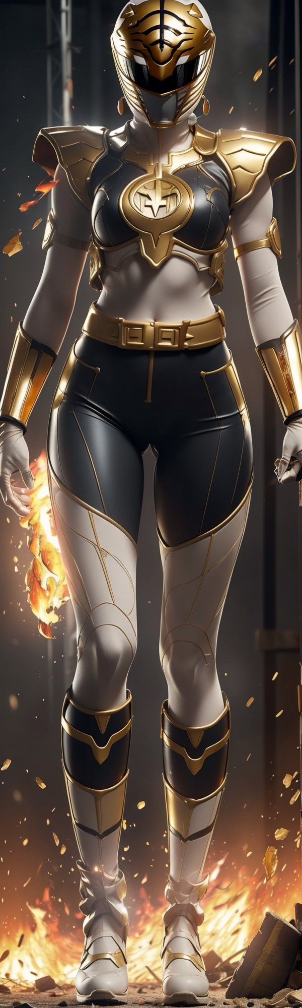 female,  1girl,  female body, ((masterpiece, best quality)), zeo gold ranger, zeo gold ranger suit, full body, fire explosion, mix of fantastic and realistic elements, uhd image, vibrant illustrations, hdr, ultra hd, 4k,zeo_gold_ranger,  broken,  broken suit,  nsfw