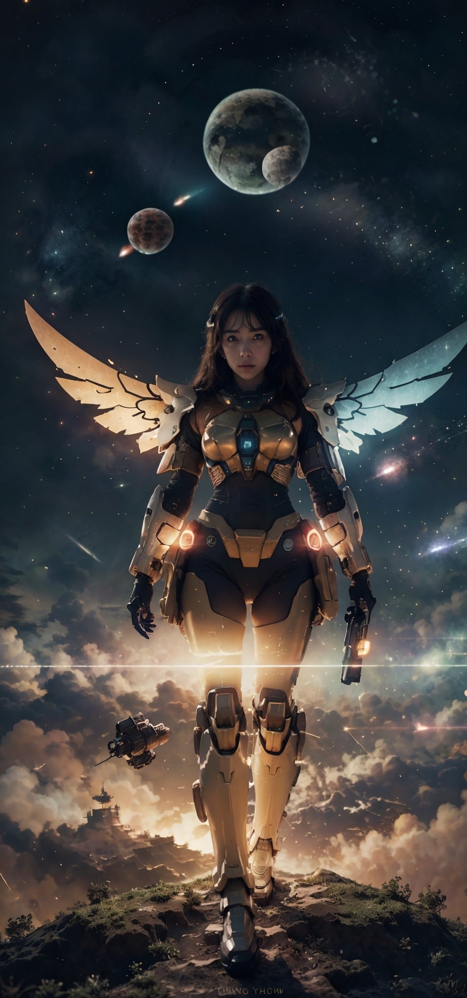 (masterpiece, best quality, ultra-detailed, 8K, ), high detail, 

 1girl, floating on sky,  flying,  full_body, mechanical, metal, suit, gun, outdoor, huge metal wings,  thematic background, neon, glow, fluttering symbols, | depth of field, bokeh, | smooth detailed shadows, hyperealistic shadows, (saturated color) | ,mecha_musume, ,mechanical,bg_imgs,  moon,  planets