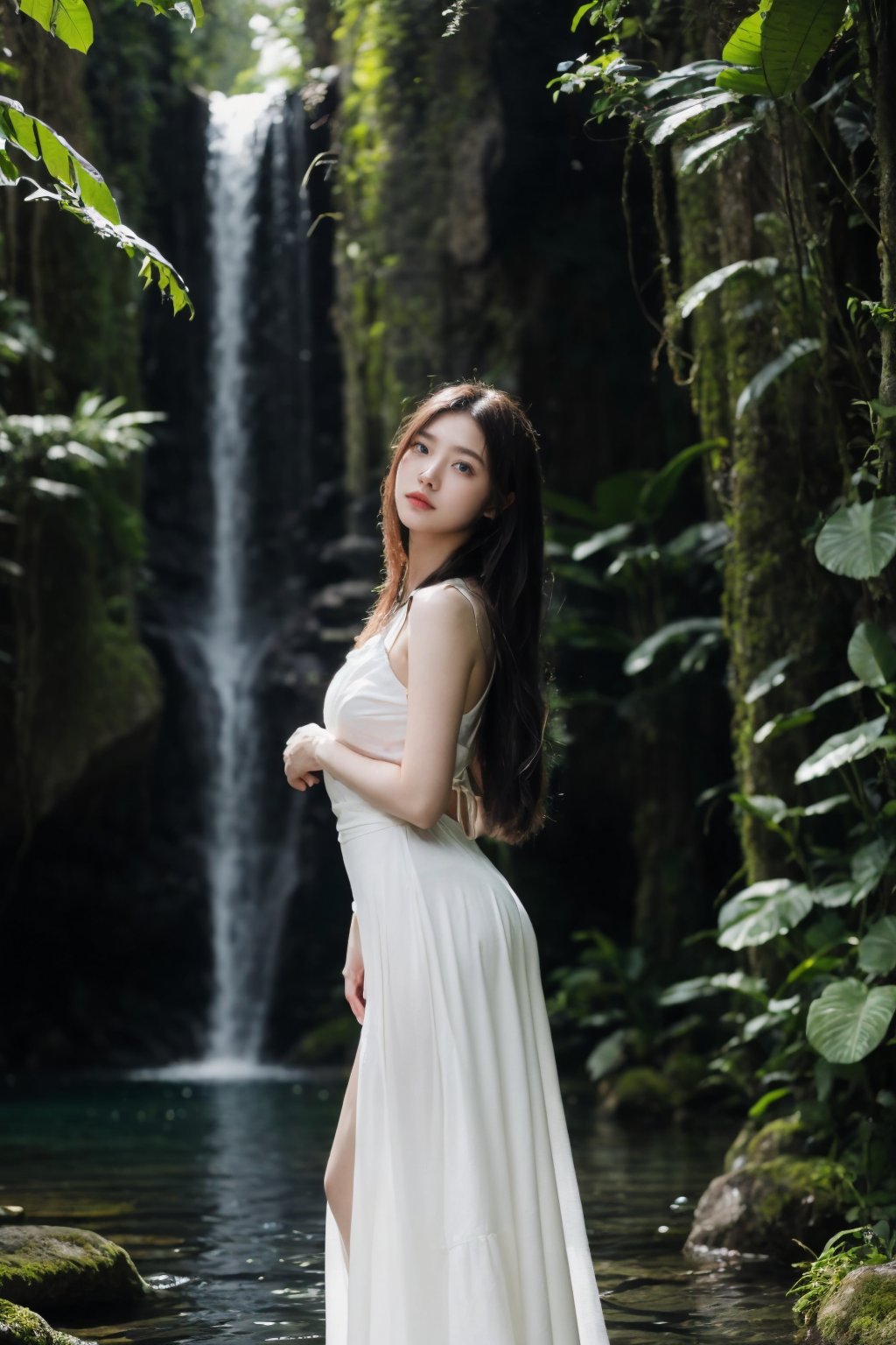 white theme, An Asian young woman with long flowing hair, adorned in a delicate emerald white gown, surrounded by a mesmerizing rainforest waterfall environment. She stands amidst a dance of luminescent, which glow in hues. The backdrop is a cascading waterfall, punctuated by the soft glow of bioluminescent plants and the gentle mist of water. The woman's gaze is distant, as if lost in thought, white