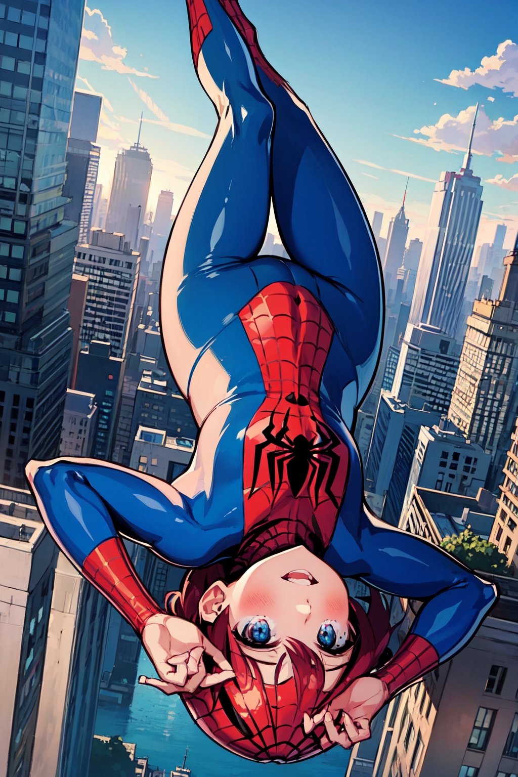  1girl,  upside-down,,  falling down from sky,  cityscape,  spider_girl,spider-man costume