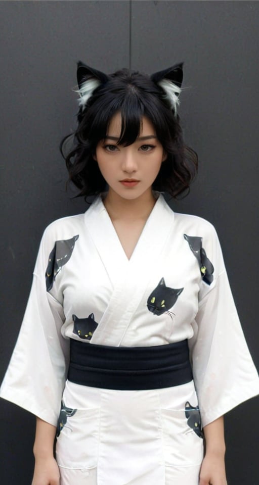 (full body portrait of a Japanese girl in the style of Conrad Roset, Nicola Samori), (shiny black curly hair, cat ears), (pure white kimono:1.6), (black, cat print:1.5), more detail XL, sexy, 