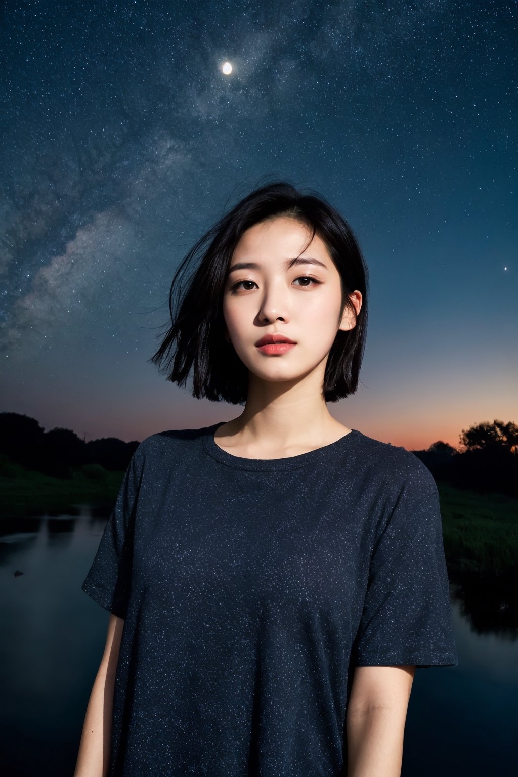 (masterpiece, best quality, ultra-detailed, 8K, ), high detail, 
1girl, black hair, moon, night, fantasy, outdoors, ruins, scenery, shirt, short hair, short sleeves, sky, starry sky, tree, water, 