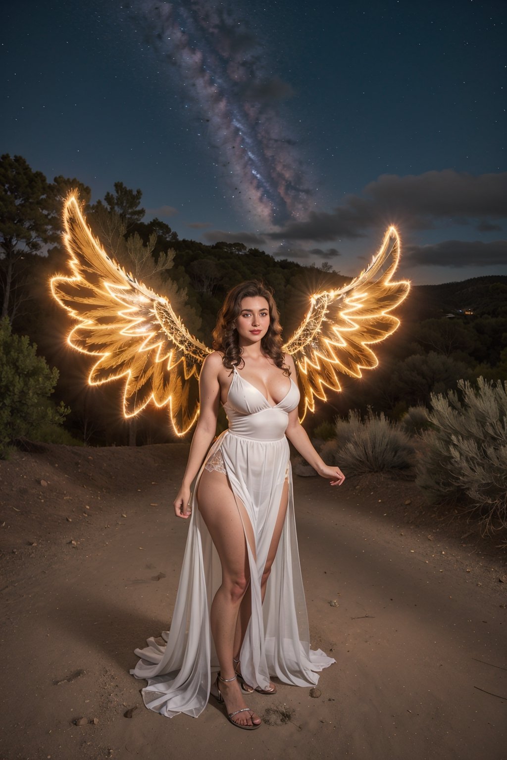8k, (ultra detailed), (1lady), curvy, sexy, angel_wings, goddess, exposed, white dress,angel_wings,light_painting,  neon wings