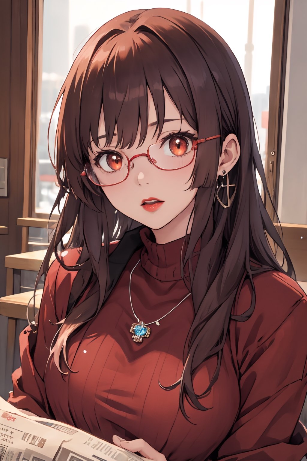 newspaper wall, glasses, parted lips, looking over eyewear,  black jacket, jewelry, long hair, jacket, red shirt, solo, upper body, brown hair, 1girl, necklace, earrings, red sweater, looking at viewer, red-tinted eyewear, sweater, red jacket, red lips ,Crazy face ,glitter,YAMATO,guweiz style