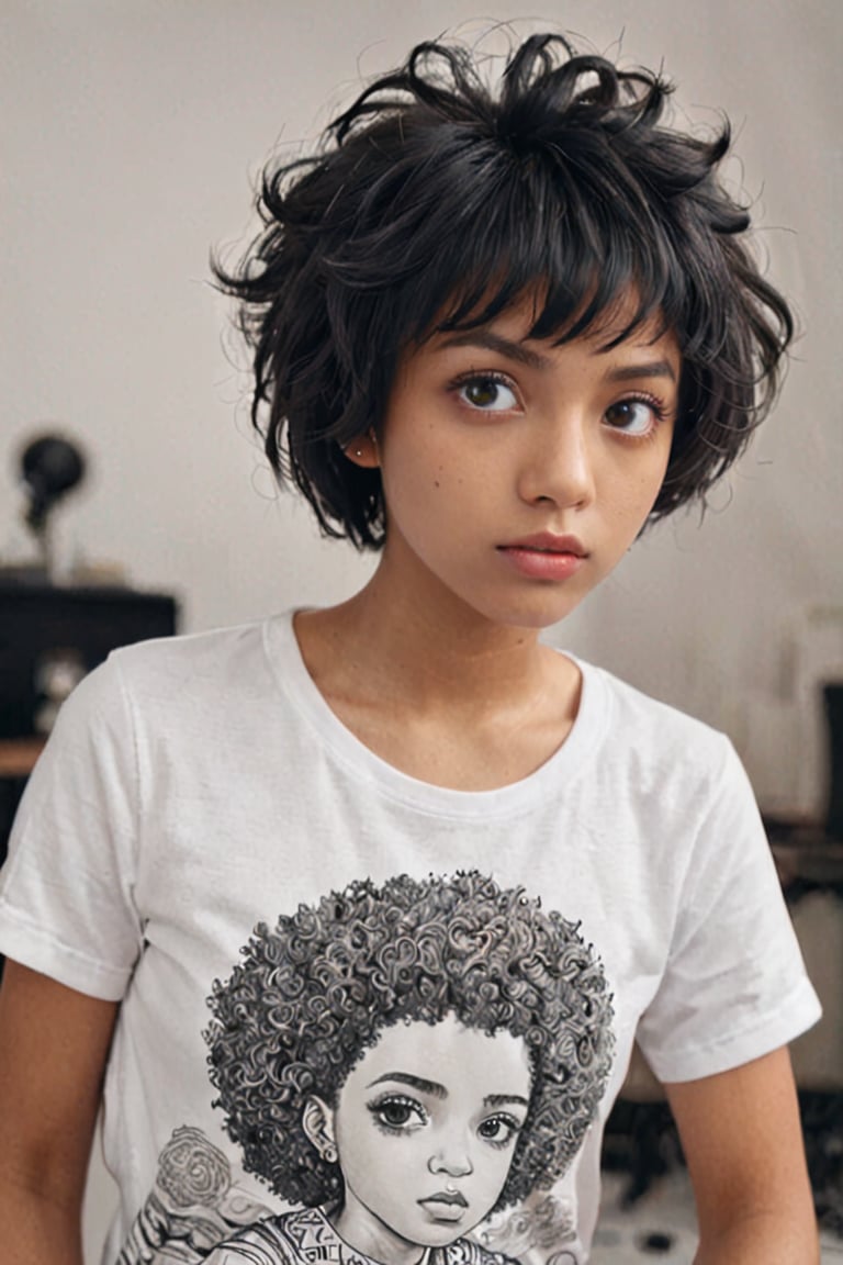 {{{masterpiece}}}, {{{best quality}}}, {{ultra-detailed}}, {beautiful detailed eyes}, 1girl, Ink hair, short afro hair, Ink eyes, confused, squatting, stratosphere, upper body, Embroidered shirt,