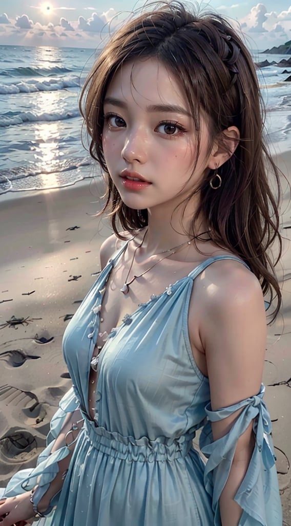 (best quality,masterpiece, photorealistic, highly detailed), a close-up portrait of 1 girl, in her 20s, detailed beautiful face, detailed beautiful eyes, medium-length light-brown hair, wearing a blue long dress, earrings, necklace, realistic detailed skin texture, detailed hair, walking on the beach, at sunset, side view, sharp focus, look at the viewer, asian girl,fantasy_princess