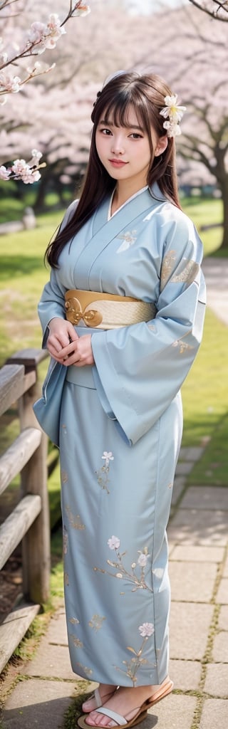 (top quality,  8k,  ultra detailed,  masterpiece, raw photo),  beautiful detailed,  ((jpanese beauty:1.3) in Japanese, traditional pale gold color-based furisode with blue-flower pattern),  (beautiful eyes),  (delicate face),  (perfect detail),  smile,  (lbrown hair blunt bangs), top quality,  ultra-detailed,  photorealistic,  8k,  wide Shots: 1.5,  full body, natural sunlight,  depth of fields,  close-up portrait,  sharp-focus,full_body,background is a cherry tree
