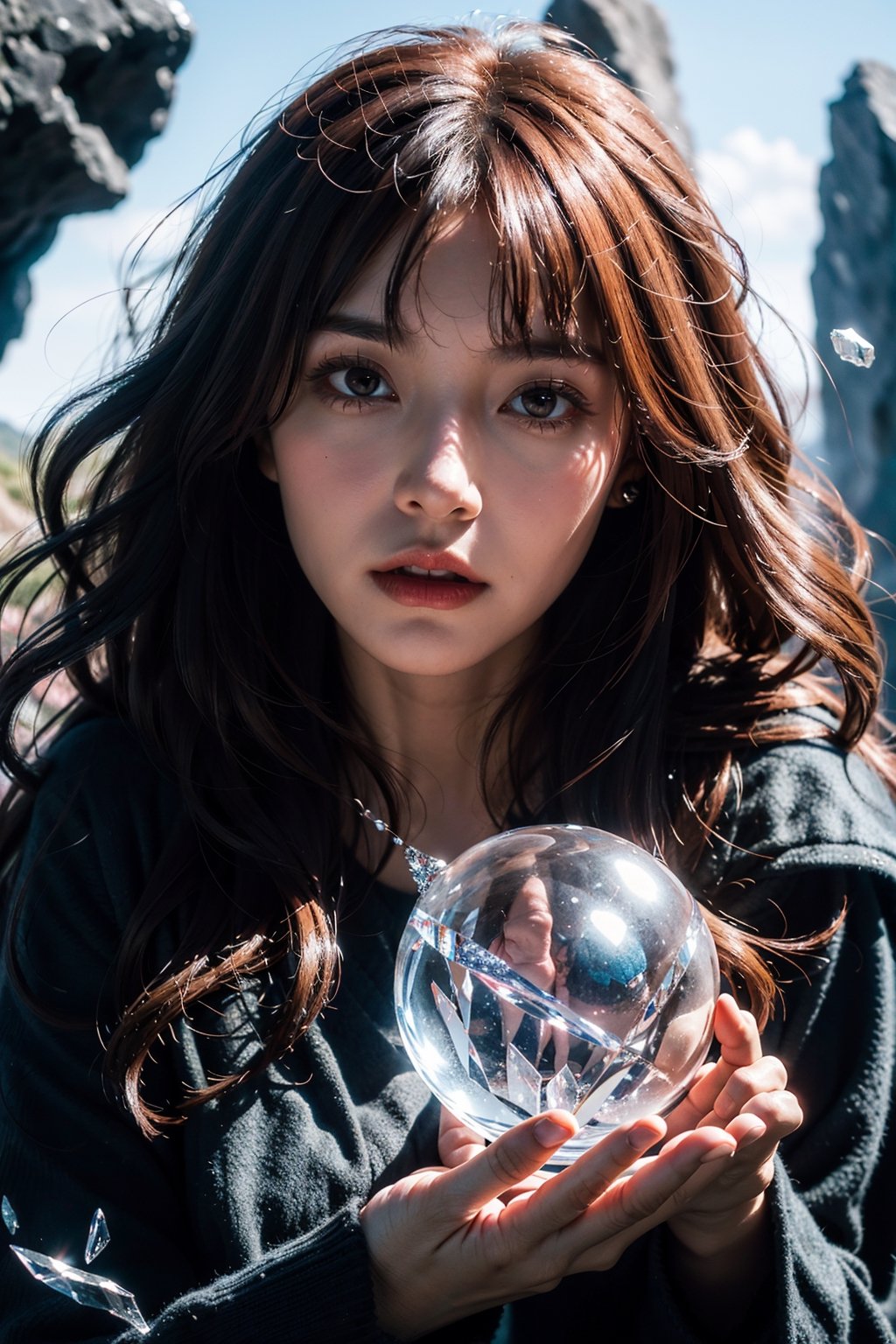 (absurdres, highres, ultra detailed), 1woman, mature female, aged up, wavy long hair, auburn hair, coral eyes, bangs, long sleeves, finely detailed eyes and detailed face, extremely detailed CG unity 8k wallpaper, intricate details, (style-swirlmagic:1.0),  looking at viewer, solo, full body, detailed background,  detailed face, (gothic dark ages theme:1.1), crystal sorcerer,  dynamic pose, earth themed clothes, crystal crown,  floating in the air, glowing magical shards, surrounded by blue magical crystals,  rock formations, stalactites,  magical floating particles, crystal glass,  crystal , sphere, crystal canyon background, (shallow water:0.7),  epic ethereal atmosphere,   updraft,, portrait