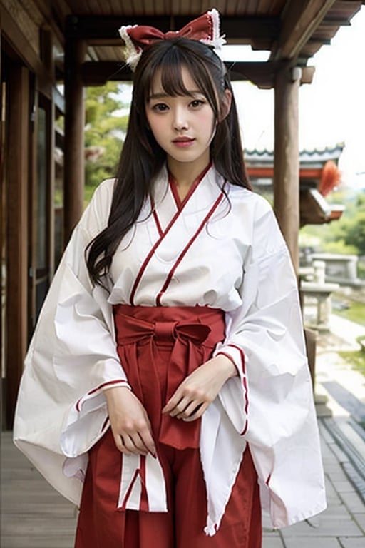1girl, realistic, solo,  (masterpiece:1.2), best quality,  outside, , miko, red hakama, miko_clothes, miko_dress, nsfw