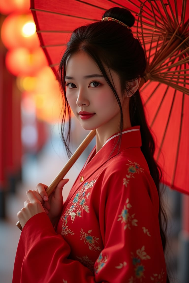 photorealism, (upper body), (portrait:1.2), KOLNB,Hanfu,Eroflo, a woman, beautiful face, red dress, japanese umbrella, bokeh, Chinese festival street, (nigh street:1.2), depth of field, columns, temple, lanterns.
Best quality, uhd, 8k, hyper detailed,Ahri,sexy,girl