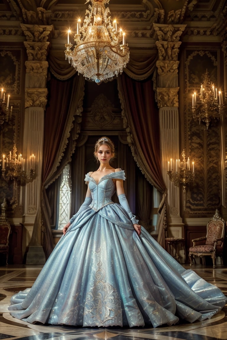 crystalline style, cinderella, full body:1.1,crystalline_style, A girl in a modern, elegant ball gown, styled with a sleek updo and minimalist jewelry. She should have a confident, regal expression. The background is a luxurious modern palace, with clean lines, high ceilings, and extravagant chandeliers. The photo should be shot in high definition, with a sharp focus on the subject and a soft, blurred background for a captivating portrait,masterpiece,crystalline style