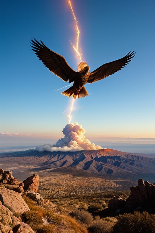 A majestic phoenix erupts from the rugged mountain depths, its fiery wings ablaze as it ascends toward the cerulean sky. The camera captures a dramatic overhead shot, framing the mythological creature's radiant plumage against the rocky terrain. Soft morning light casts a warm glow, illuminating the phoenix's fierce determination as it spreads its burning wings, defying gravity and casting a golden glow across the surrounding mountains.