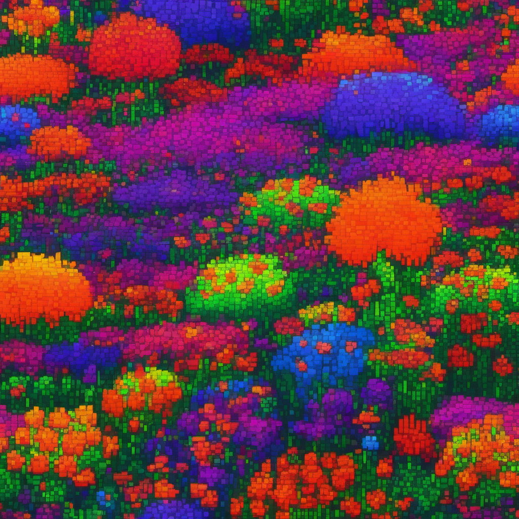 /imagine prompt: Several plants of many colors burning., flower field background, 8 bit, naive art, electric colors