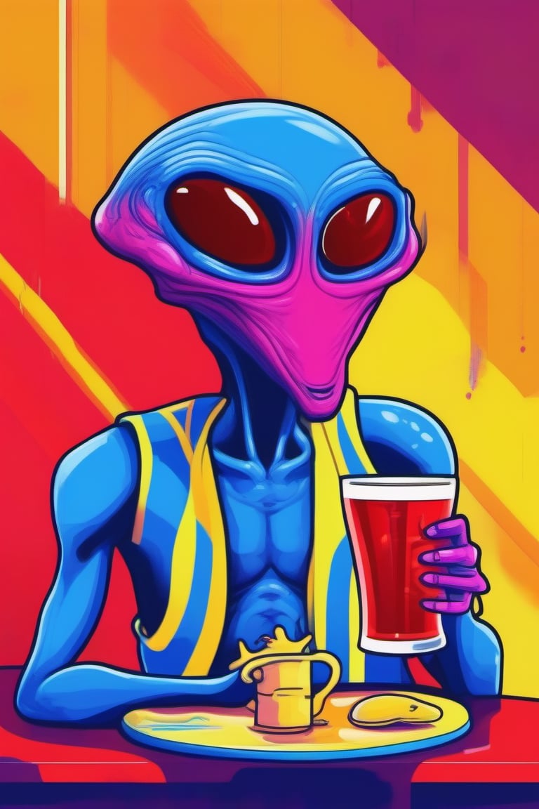 /imagine prompt: an alien drinking a red beer ultraviolet blue painting, canary yellow, 2d, caricature, flat design