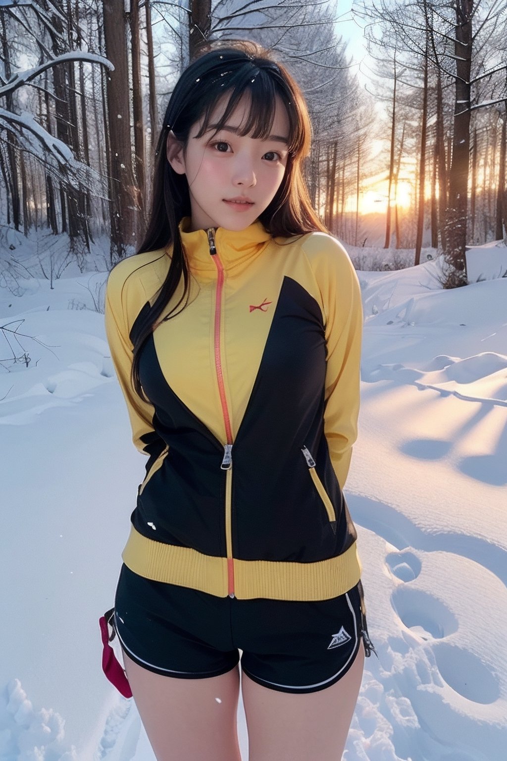 (((Deep in the snowy woods))),(looking at the audience),(((Beautiful golden sunset in the snow in the woods))),(((Only the face enters the camera))), (Focus on the face),
人：(((a korean young girl))),(Pure and natural young girl),(low-cut),
優：(((16K texture structure))),Make the texture more realistic and realistic natural light and shadow structure,The realistic structure of film photos,(well-proportioned and beautiful body proportions),
髮：(bangs),(long hair),
服飾：(Full zip red down jacket), (Black sports shorts), (Snow boots),