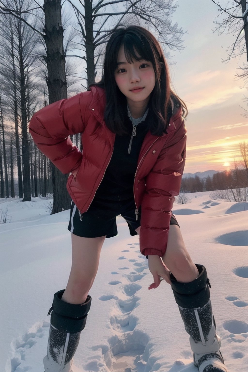 (((Deep in the snowy woods))),(looking at the audience),(((Beautiful golden sunset in the snow in the woods))),(((Only the face enters the camera))), (Focus on the face),
人：(((a korean young girl))),(Pure and natural young girl),
優：(((16K texture structure))),Make the texture more realistic and realistic natural light and shadow structure,The realistic structure of film photos,
髮：(bangs),(long hair),
服飾：(Full zip red down jacket), (Black sports shorts), (Snow boots),