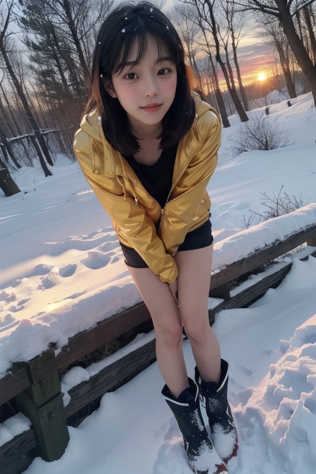 (((Deep in the snowy woods))),(looking at the audience),(((Beautiful golden sunset in the snow in the woods))),(((Only the face enters the camera))), (Focus on the face),
人：(((a korean young girl))),(Pure and natural young girl),
優：(((16K texture structure))),Make the texture more realistic and realistic natural light and shadow structure,The realistic structure of film photos,
髮：(bangs),(long hair),
服飾：(Full zip red down jacket), (Black sports shorts), (Snow boots),