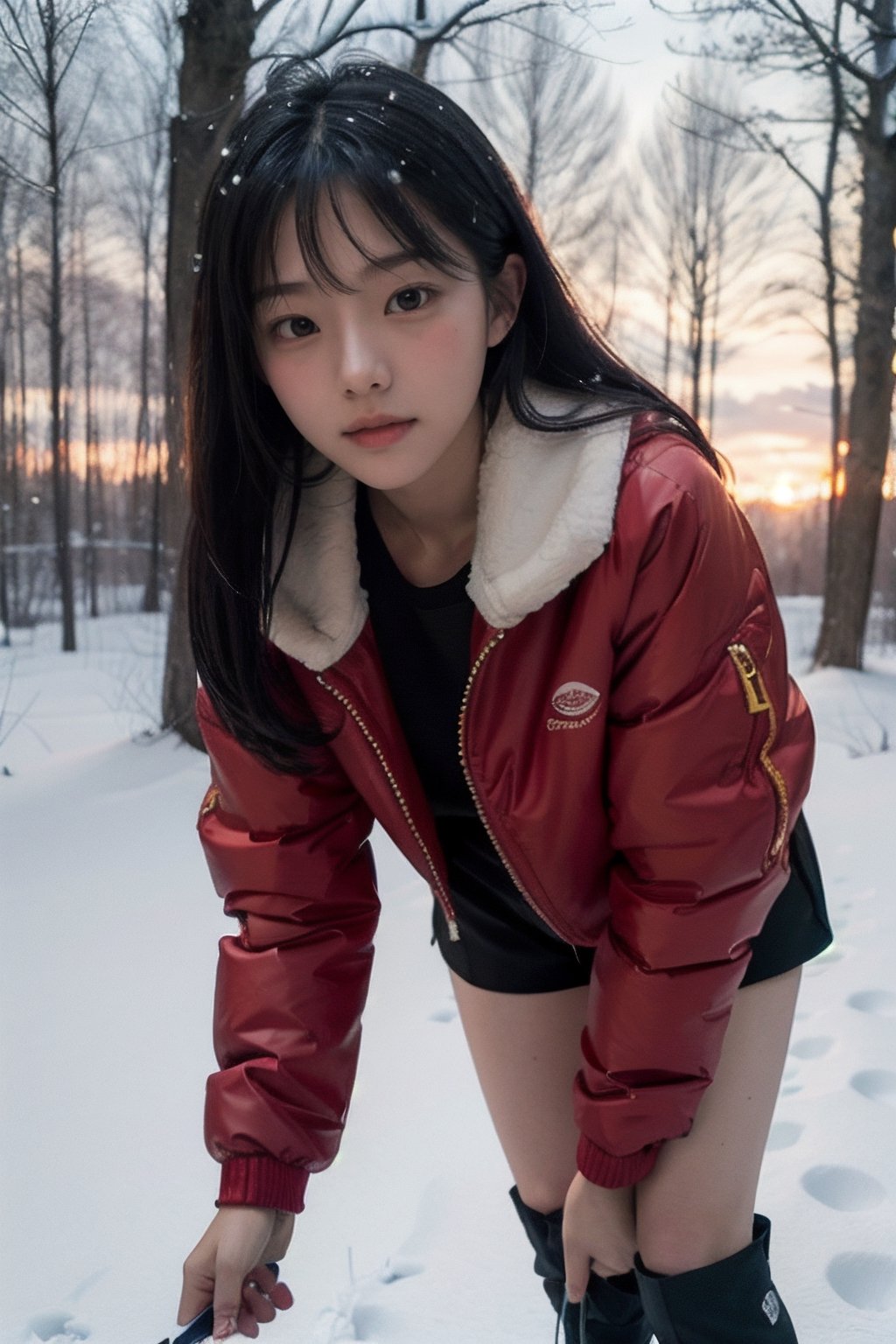 (((Deep in the snowy woods))),(looking at the audience),(((Beautiful golden sunset in the snow in the woods))),(((Only the face enters the camera))), (Focus on the face),
人：(((a korean young girl))),(Pure and natural young girl),
優：(((16K texture structure))),Make the texture more realistic and realistic natural light and shadow structure,The realistic structure of film photos,
髮：(bangs),(long hair),
服飾：(Full zip red down jacket), (Black sports shorts), (Snow boots),