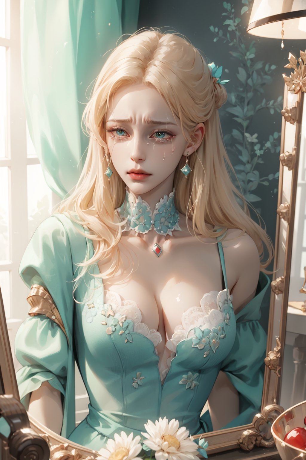 (asterpiece:1.2, best quality), (Soft light), (shiny skin), 1woman, eyelashes, cleavage, collarbone, victorian, tosca eyes, blonde_long_ hair, royalty background, crying, side look, tosca dress, formal dress, bedroom, mirror, hickey, red mark on neck, kiss mark, kissmark