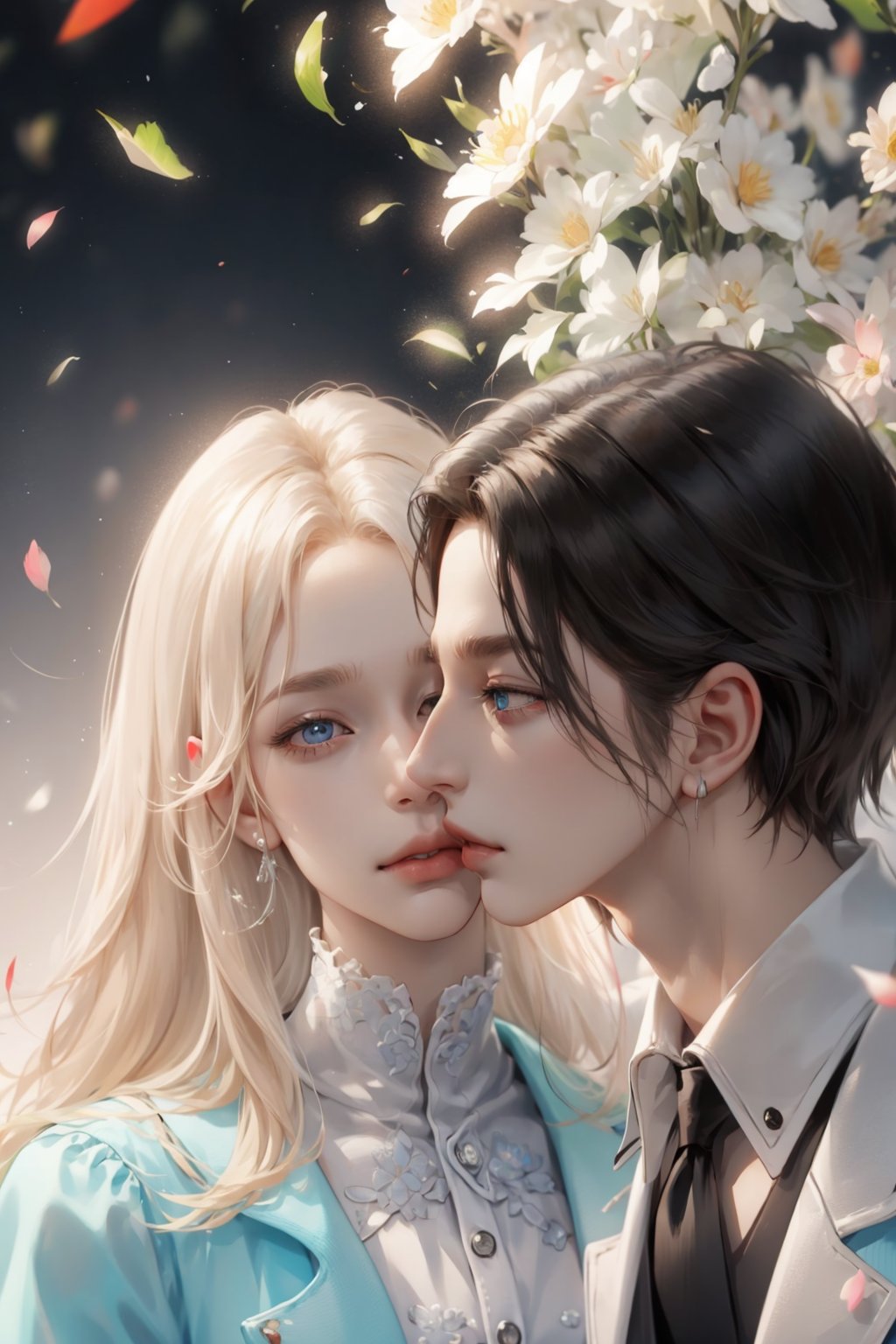 (asterpiece:1.2, best quality), (Soft light), (shiny skin), duo, kissing, 2person, couple_(romantic), man_short_black_hair, black_hair_boy, Black_hair, hateful look, 1man, 1girl, eye_lashes, collarbone, victorian, blue eyes, blonde_long_ hair_girl, black_short_hair_man, royalty background, sexual, flowers petals, french_kiss