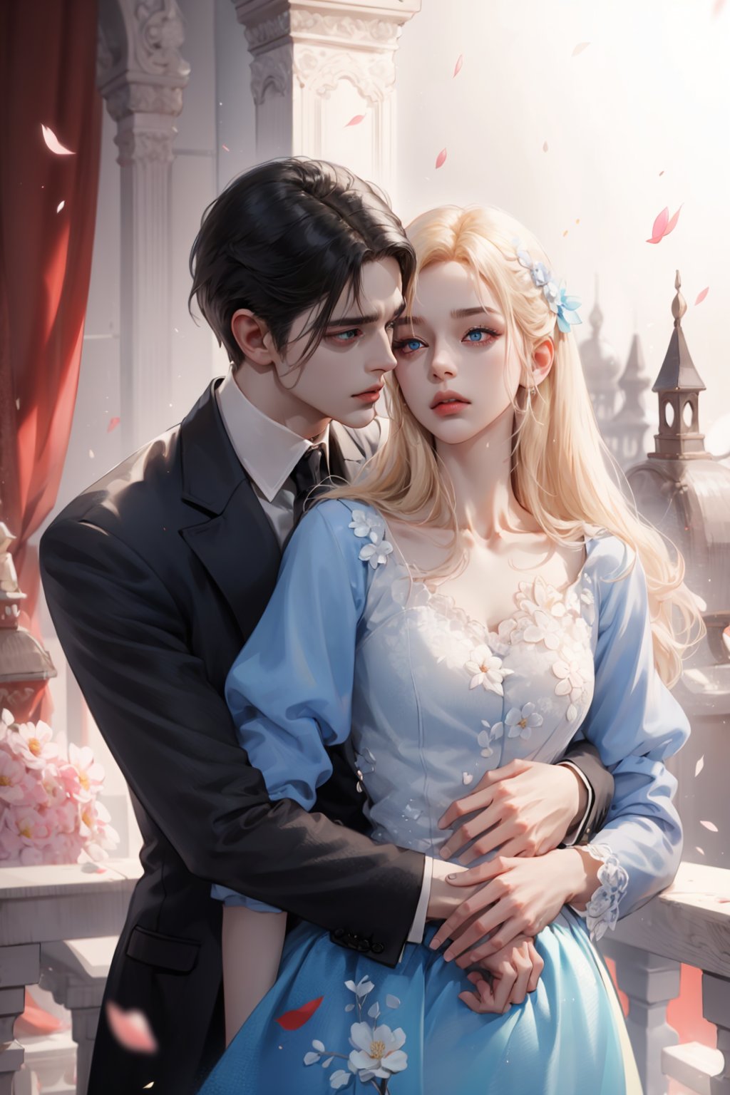 (asterpiece:1.2, best quality), (Soft light), (shiny skin), duo, 2person, couple_(romantic), man_short_black_hair, black_hair_boy, Black_hair, hateful look, 1man, 1girl, eye_lashes, collarbone, victorian, blue eyes, blonde_long_ hair_girl, black_short_hair_man, royalty background, formal dress, flowers petals, hugging, balcony, red background, intense background, complex background, looking at each other