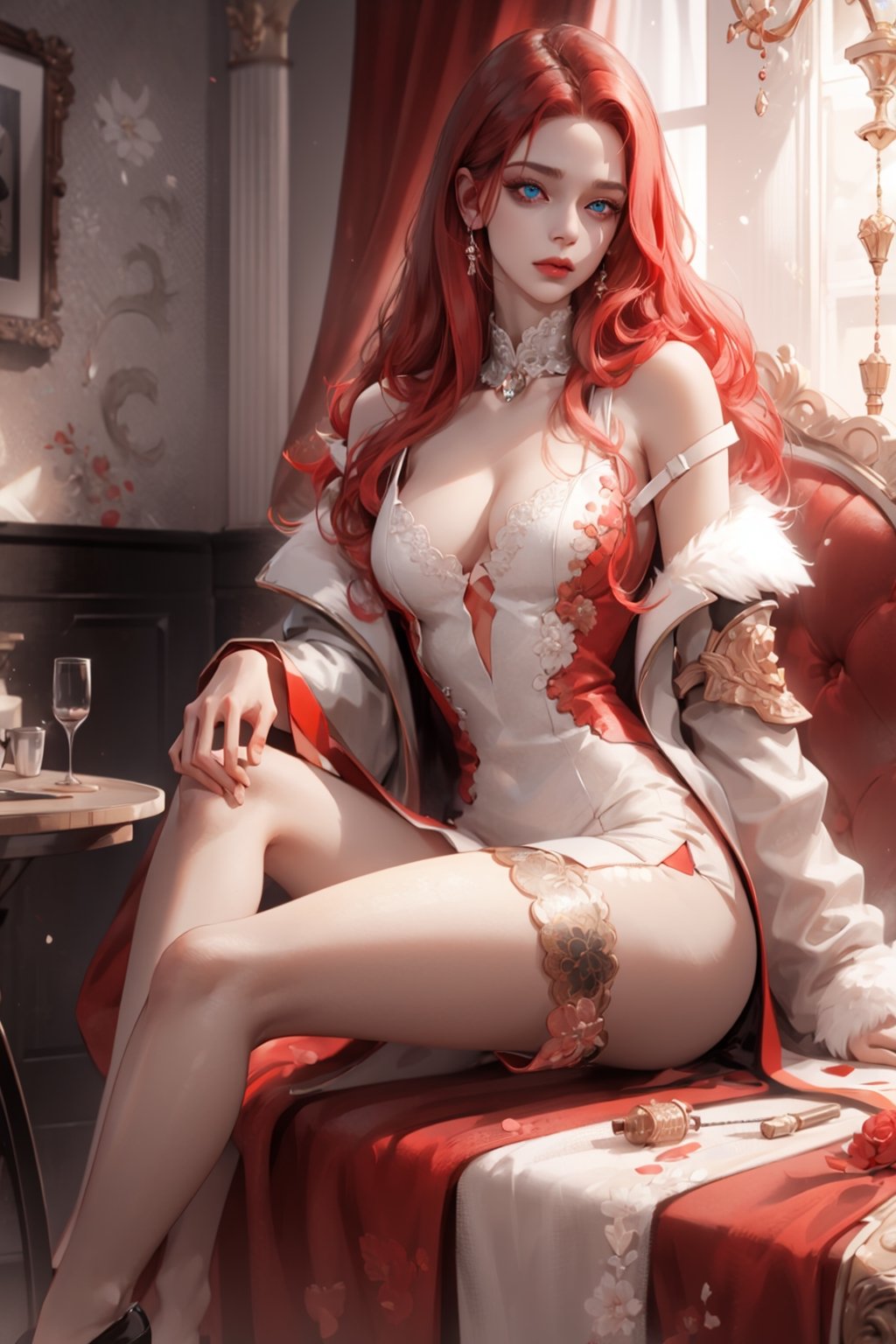 (asterpiece:1.2, best quality), (Soft light), (shiny skin), 1woman, eyelashes, cleavage, collarbone, victorian, blue eyes, red_long_ hair, royalty background, side look, tosca dress, formal dress, dinning table, blowjob, sexual look, red hair, almost naked, uncloth, feet_job, teasing, white liquid on the face, cleavage