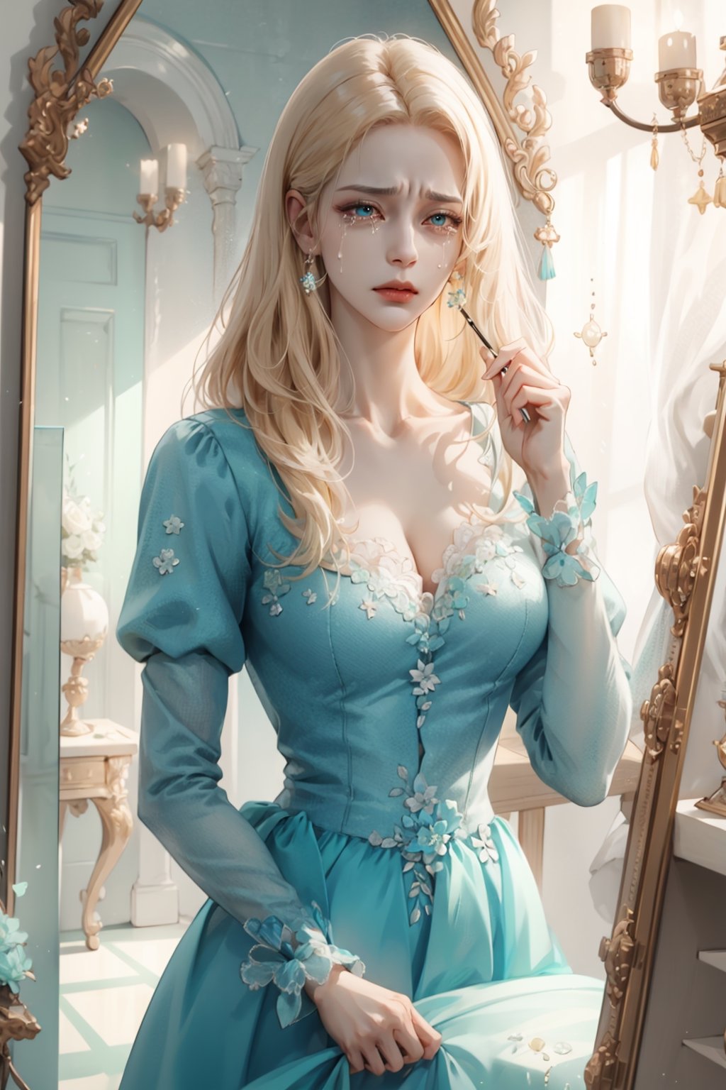 (asterpiece:1.2, best quality), (Soft light), (shiny skin), 1woman, eyelashes, cleavage, collarbone, victorian, tosca eyes, blonde_long_ hair, royalty background, crying, side look, tosca dress, formal dress, bedroom, mirror, hickey