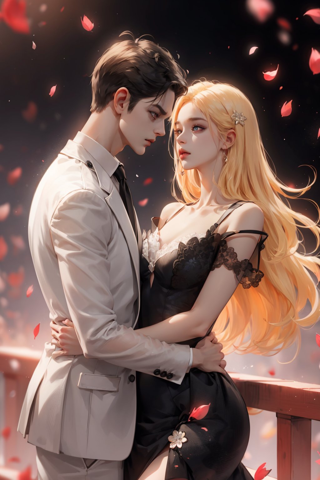 (asterpiece:1.2, best quality), (Soft light), (shiny skin), duo, 2person, couple_(romantic), man_short_black_hair, black_hair_boy, Black_hair, hateful look, 1man, 1girl, eye_lashes, collarbone, victorian, blue eyes, blonde_long_ hair_girl, black_short_hair_man, royalty background, formal dress, flowers petals, hugging, balcony, red background, intense background, complex background, looking at each other, dramatic pose, full_body, Black dress