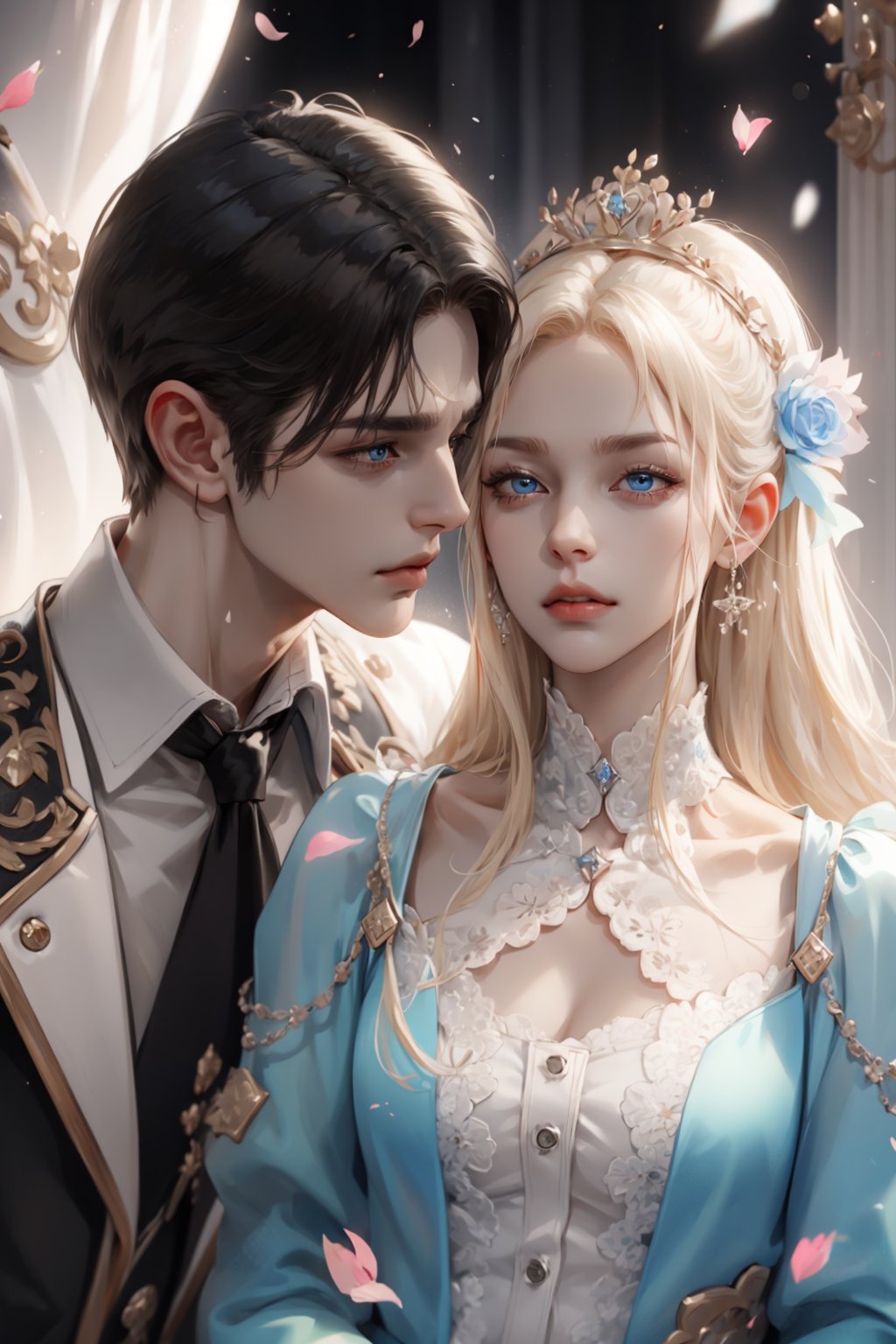 (asterpiece:1.2, best quality), (Soft light), (shiny skin), duo, kissing, 2person, couple_(romantic), man_short_black_hair, black_hair_boy, Black_hair, hateful look, 1man, 1girl, eye_lashes, collarbone, victorian, blue eyes, blonde_long_ hair_girl, black_short_hair_man, royalty background, sexual, flowers petals, french_kiss