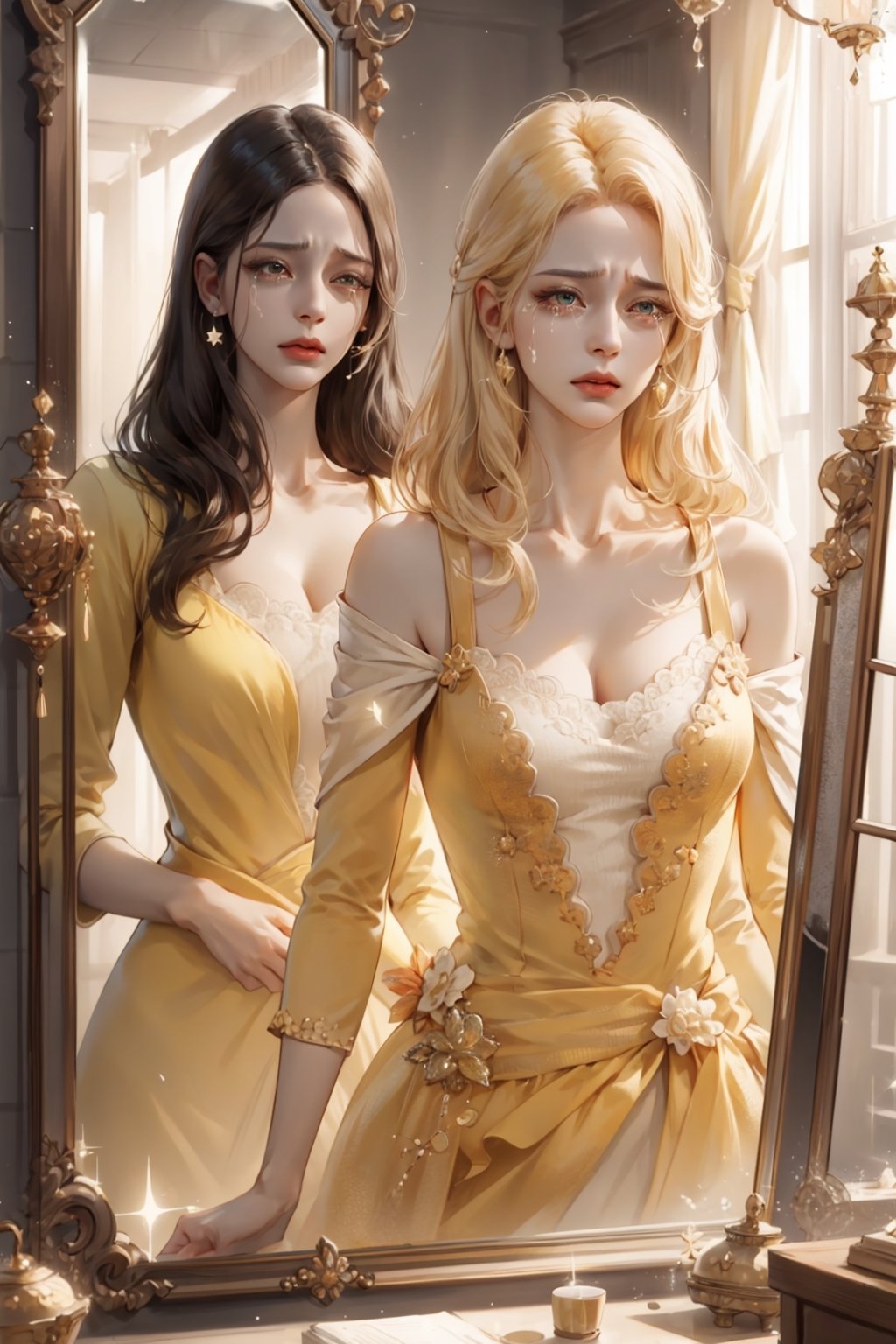 (asterpiece:1.2, best quality), (Soft light), (shiny skin), 1woman, eyelashes, cleavage, collarbone, victorian, tosca eyes, blonde_long_ hair, royalty background, crying, side look, yellow dress, formal dress, bedroom, mirror, hickey