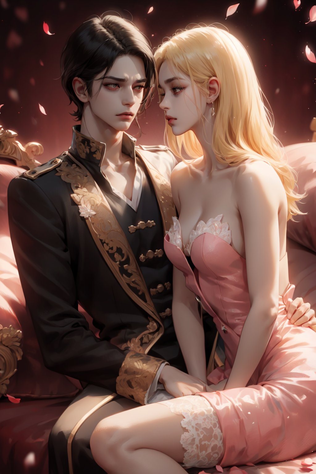 (asterpiece:1.2, best quality), (Soft light), (shiny skin), duo, 2person, couple_(romantic), laying on the bed, man_short_black_hair, black_hair_boy, short_black_hair, hateful look, 1man, 1girl, eye_lashes, collarbone, victorian, tosca eyes, blonde_long_ hair_girl, black_short_hair_man, blonde_hair_girl, royalty background, flowers petals, red background, intense background, complex background, looking at each other, lay on the bed, sad face, almost naked, naked, no_clothes, nude,c.c.