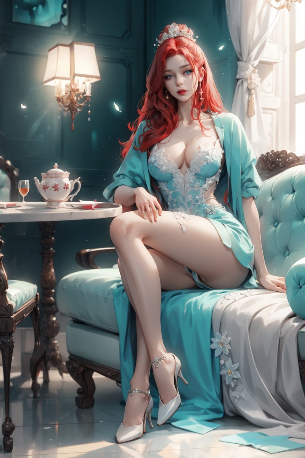 (asterpiece:1.2, best quality), (Soft light), (shiny skin), 1woman, eyelashes, cleavage, collarbone, victorian, blue eyes, red_long_ hair, royalty background, side look, tosca dress, formal dress, dinning table, blowjob, sexual look, red hair, almost naked, uncloth, feet_job, teasing, white liquid on the face, cleavage