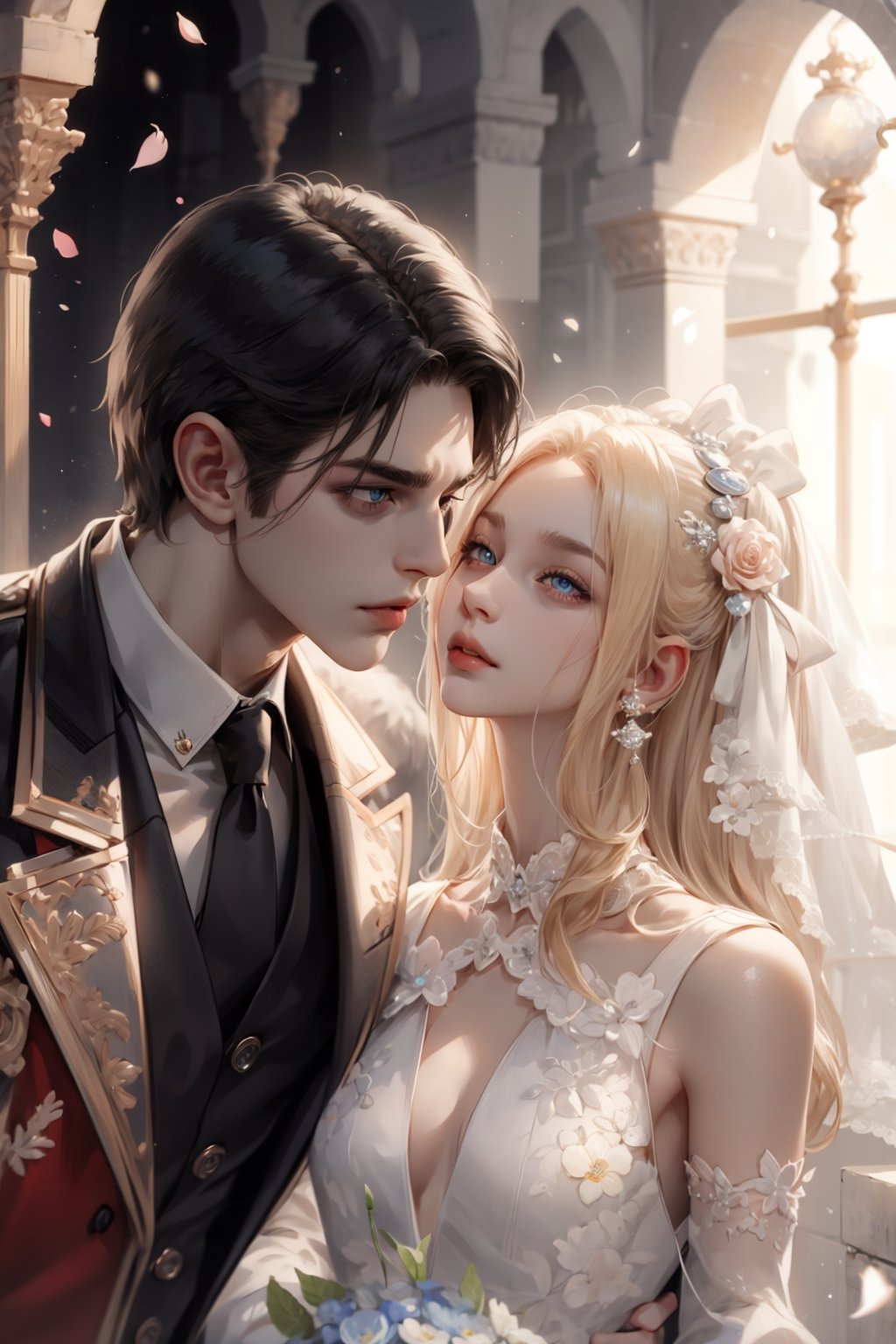 (asterpiece:1.2, best quality), (Soft light), (shiny skin), duo, kissing, 2person, couple_(romantic), man_short_black_hair, black_hair_boy, Black_hair, hateful look, 1man, 1girl, eye_lashes, collarbone, victorian, blue eyes, blonde_long_ hair_girl, black_short_hair_man, royalty background, flowers petals, curch, kissing, french_kiss, wedding dress, wedding, midnight, couple_(romantic), romantic_duo, blondehairgirl, blonde hair girl, kissing, high_resolution, detailed, black-hair-man