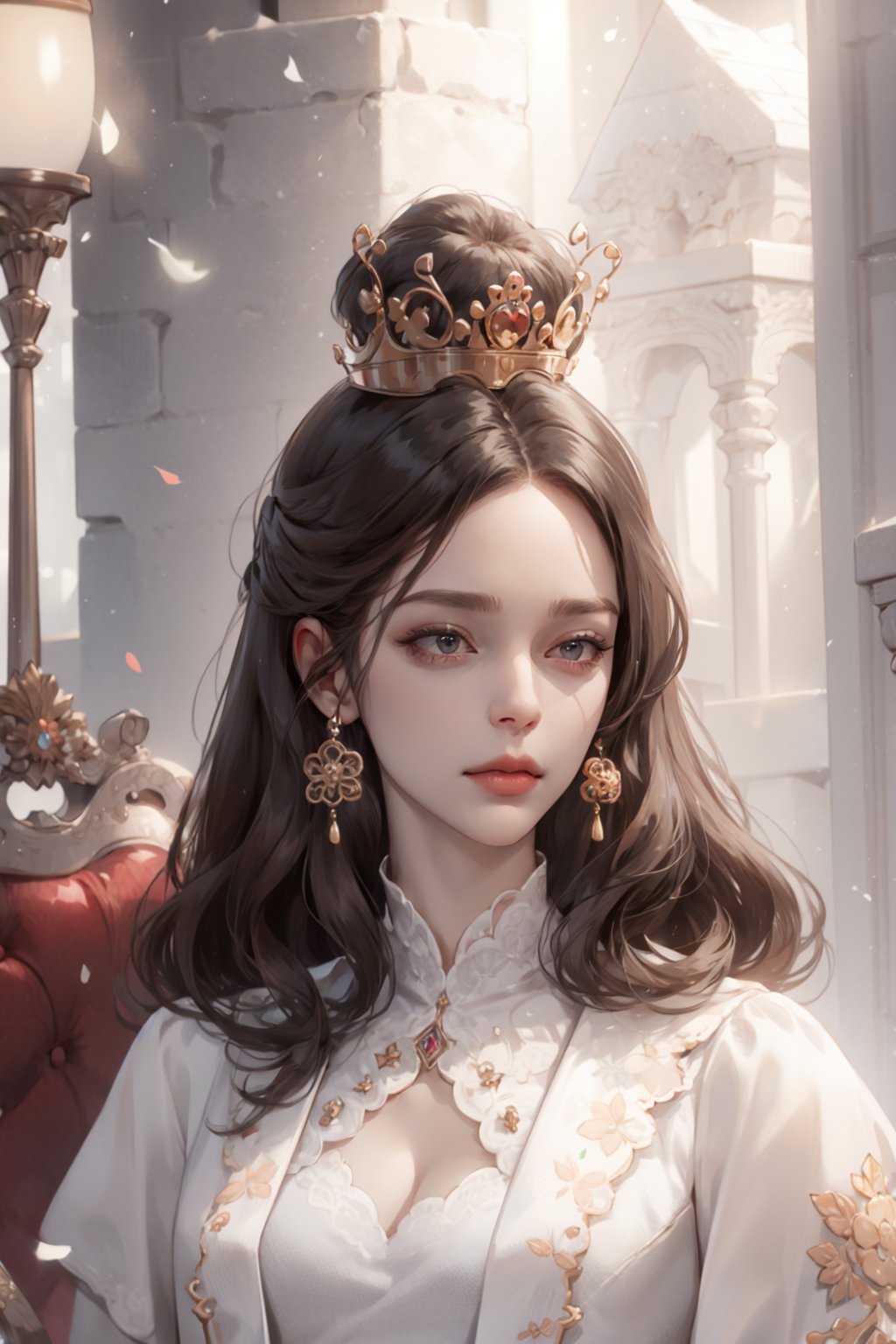 (asterpiece:1.2, best quality), (Soft light), (shiny skin), 1woman, old woman, eyelashes, royalty, old face, formal dress, trone, mature face, victorian, brown_hair, updo hair, royalty background, side look, white dress, formal dress,yejiltzy,weiboZH, queen, princess crown