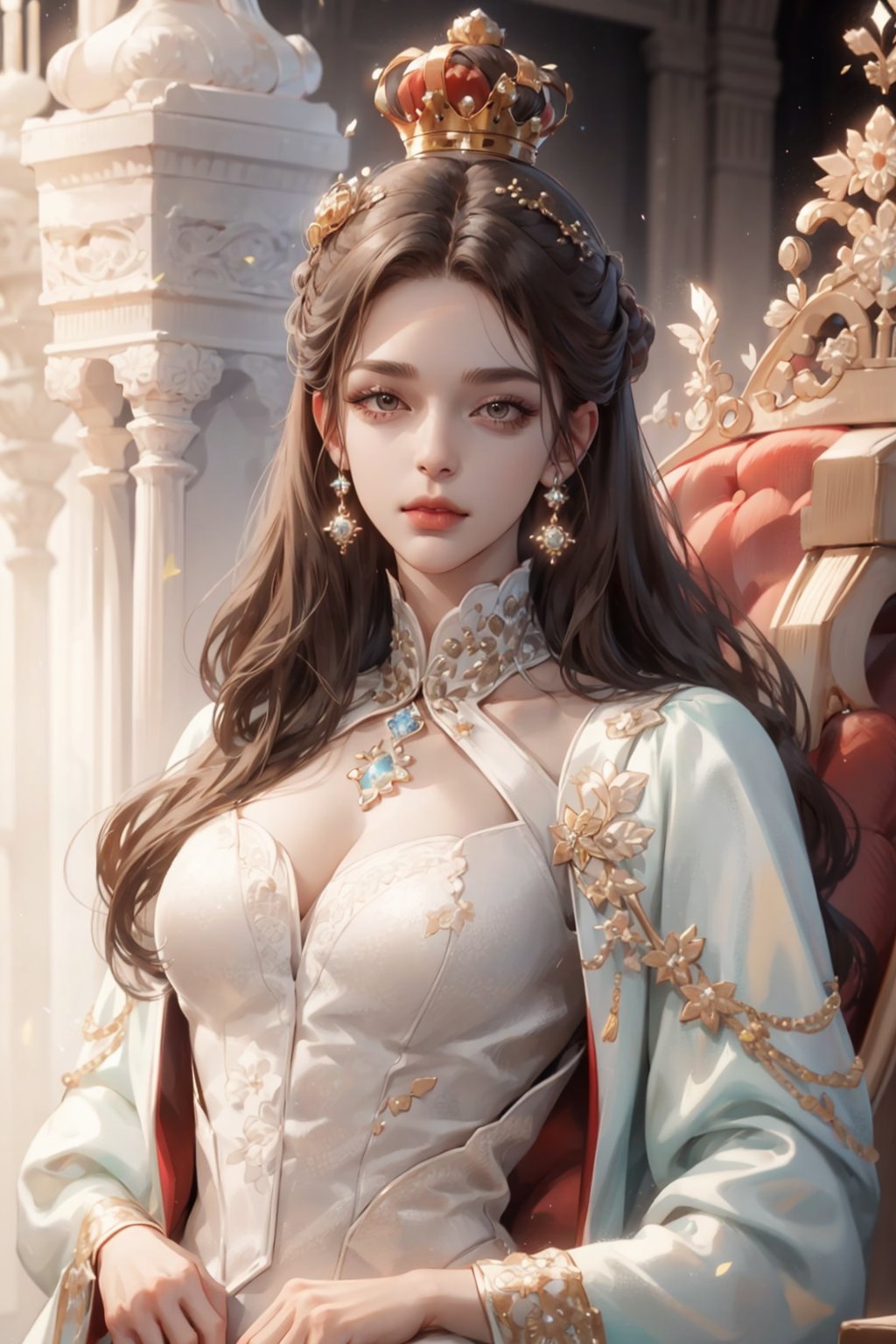 (asterpiece:1.2, best quality), (Soft light), (shiny skin), 1woman, eyelashes, royalty, old face, formal dress, trone, mature face, victorian, brown_hair, updo, royalty background, side look, white dress, formal dress,yejiltzy,weiboZH, queen, crown