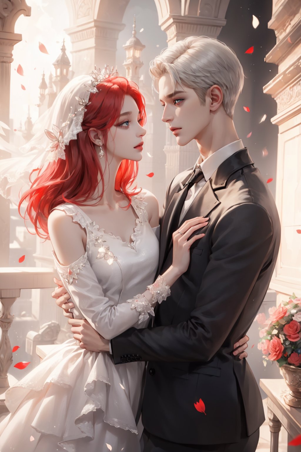 (asterpiece:1.2, best quality), (Soft light), (shiny skin), duo, 2person, couple_(romantic), man_short_silver_hair, silver_hair_boy, short_silver_hair, hateful look, 1man, 1girl, eye_lashes, collarbone, victorian, blue eyes, red_long_ hair_girl, silver_short_hair_man, red_hair_girl, royalty background, formal dress, flowers petals, hugging, balcony, red background, intense background, complex background, looking at each other, happy face, wedding_dress, wedding