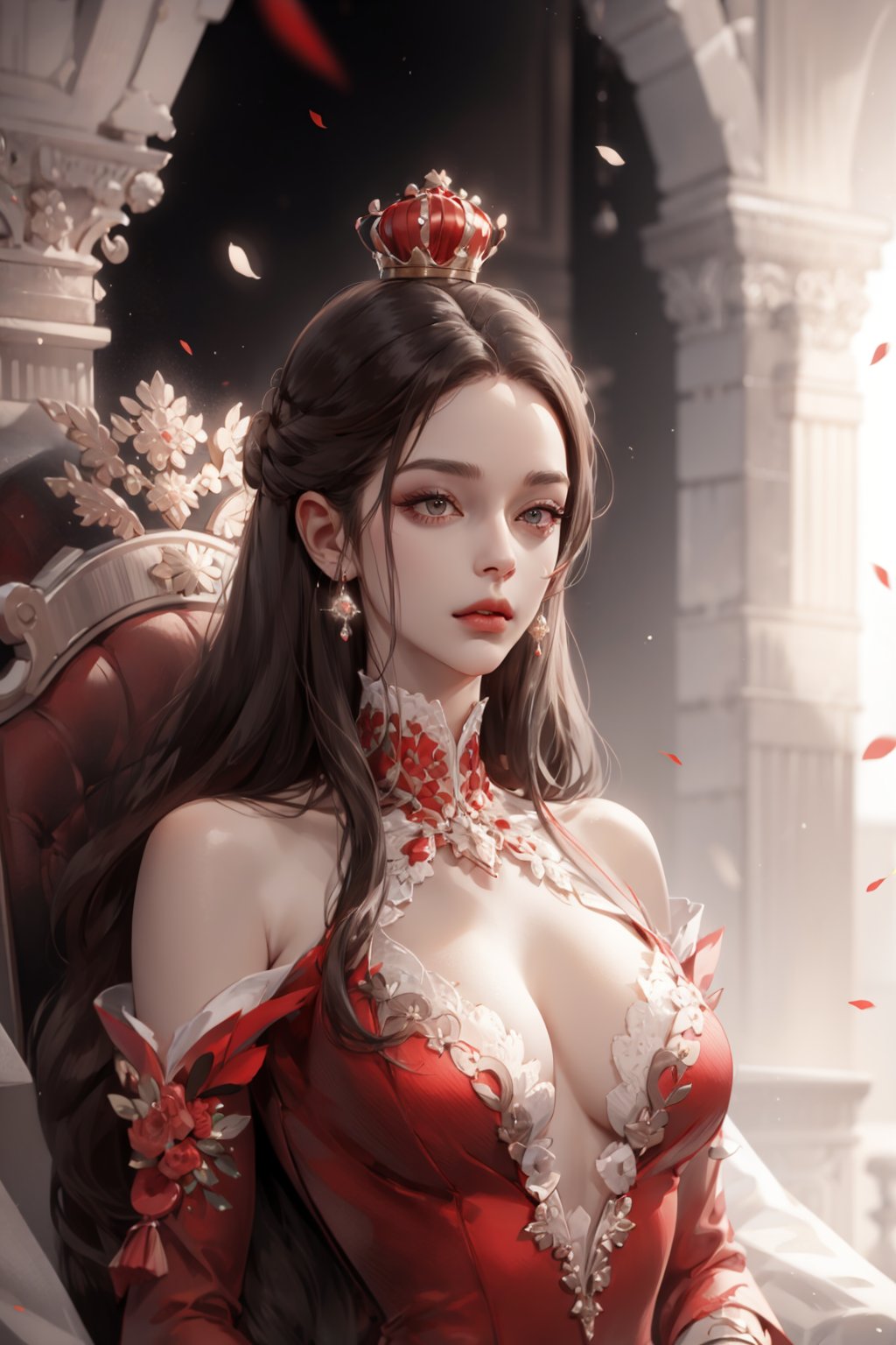 (asterpiece:1.2, best quality), (Soft light), (shiny skin), 1woman, eyelashes, royalty, old face, mature_woman, formal dress, trone, mature face, victorian, brown_hair, updo, royalty background, side look, red dress, formal dress,yejiltzy,weiboZH, queen, crown